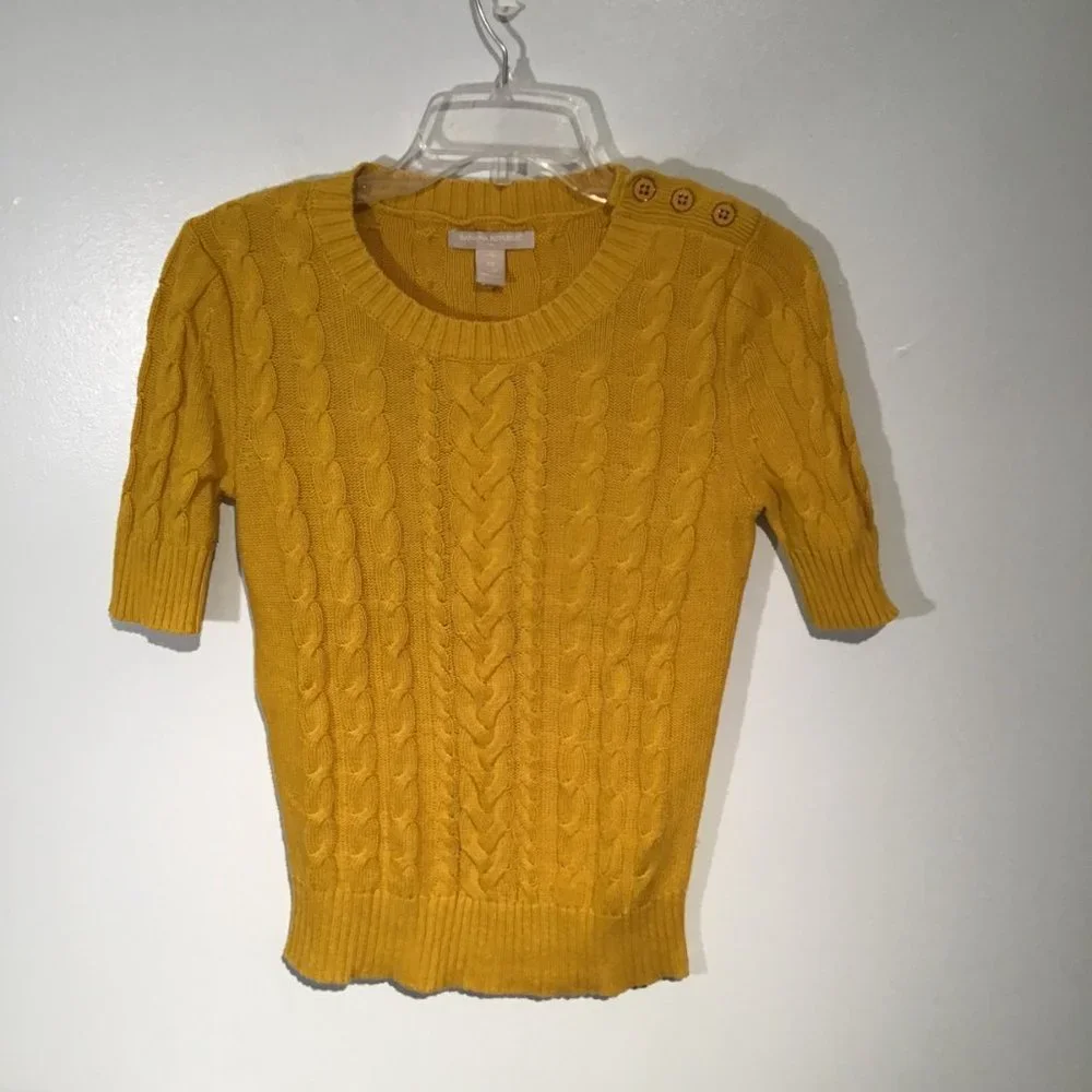 Banana Republic Short Sleeve Mustard Yellow Cable Knit Sweater  Size XS - Picture 6 of 9